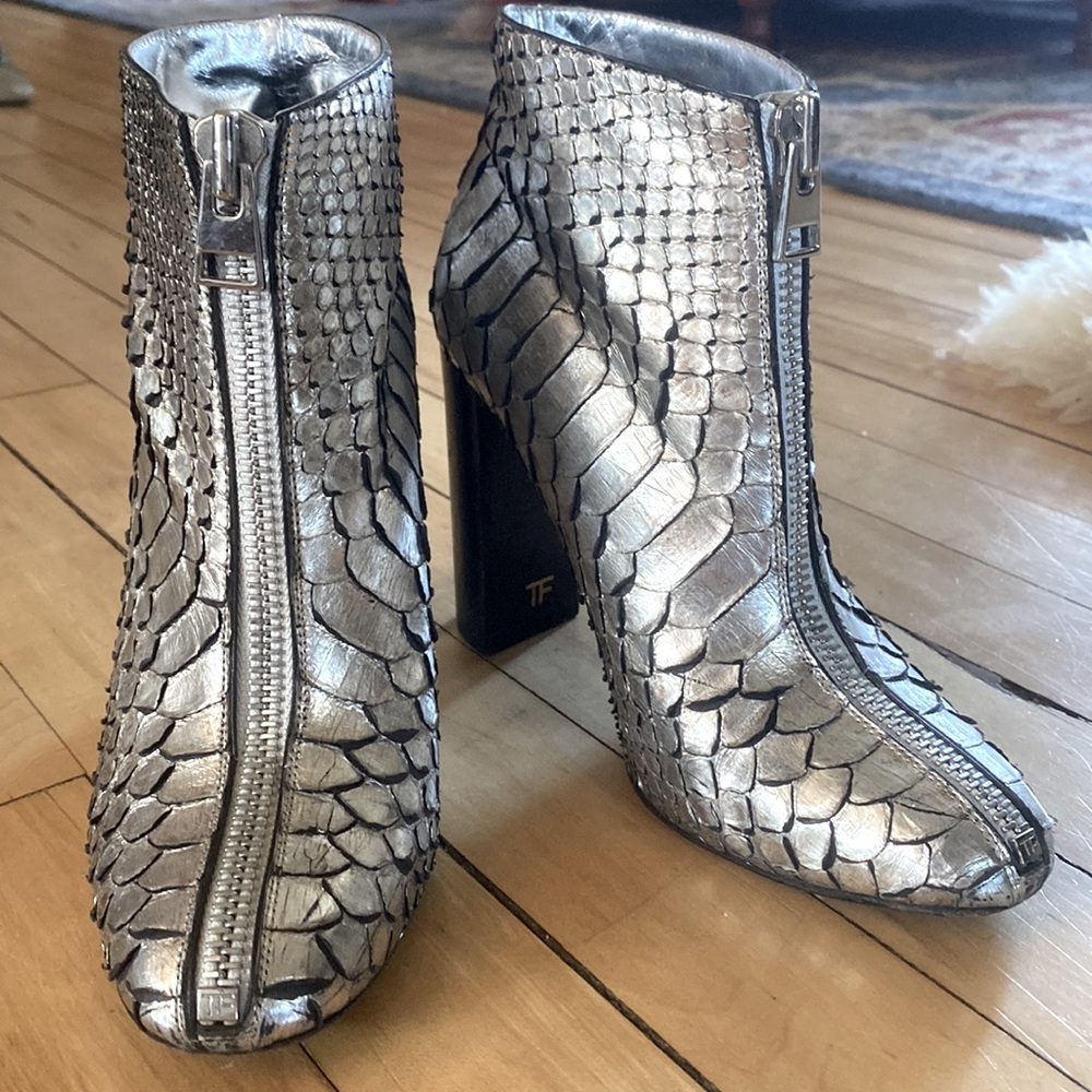 Tom Ford Genuine Python silver zip booties